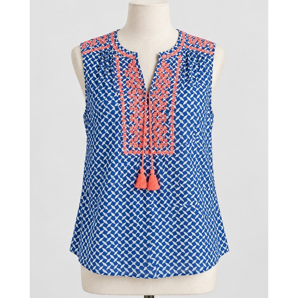 J.Crew Womens Blue Geometric Embroidered Tassel Sleeveless Blouse Top Size 12